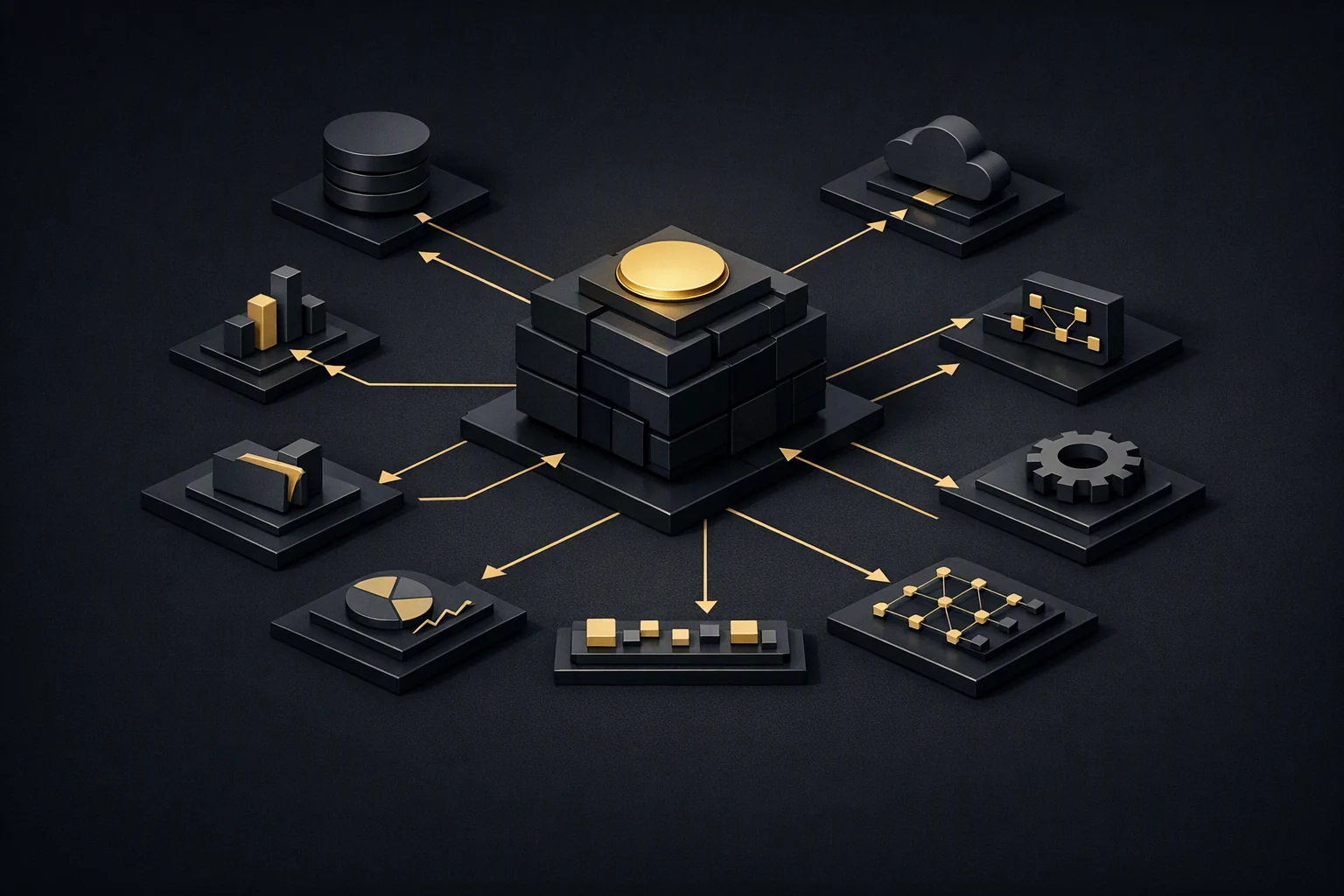 Isometric diagram: one central core engine surrounded by many differently keyed peripheral adapter modules