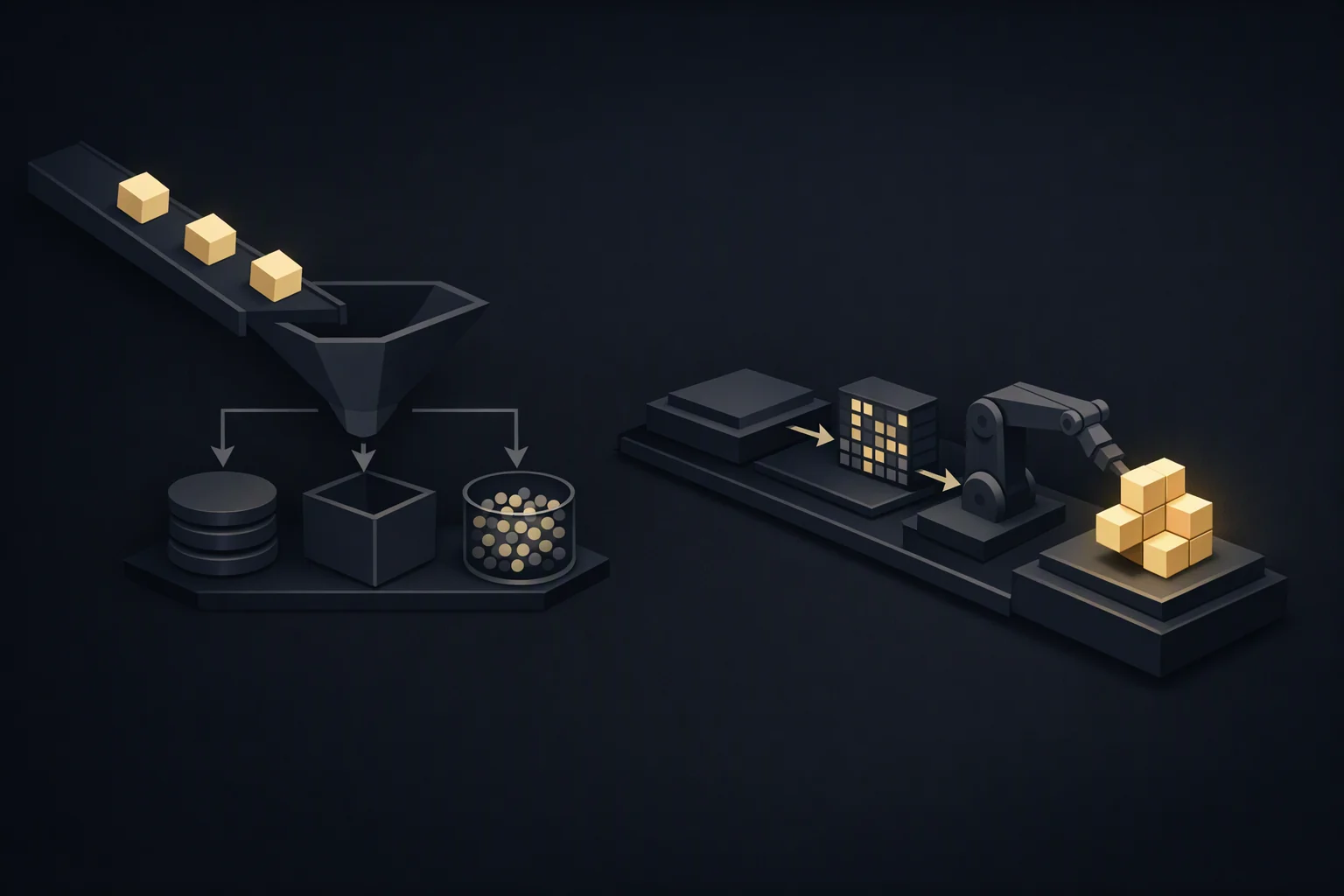 Isometric diagram: a sorting apparatus filling fixed bins beside a lit assembly apparatus constructing a new form