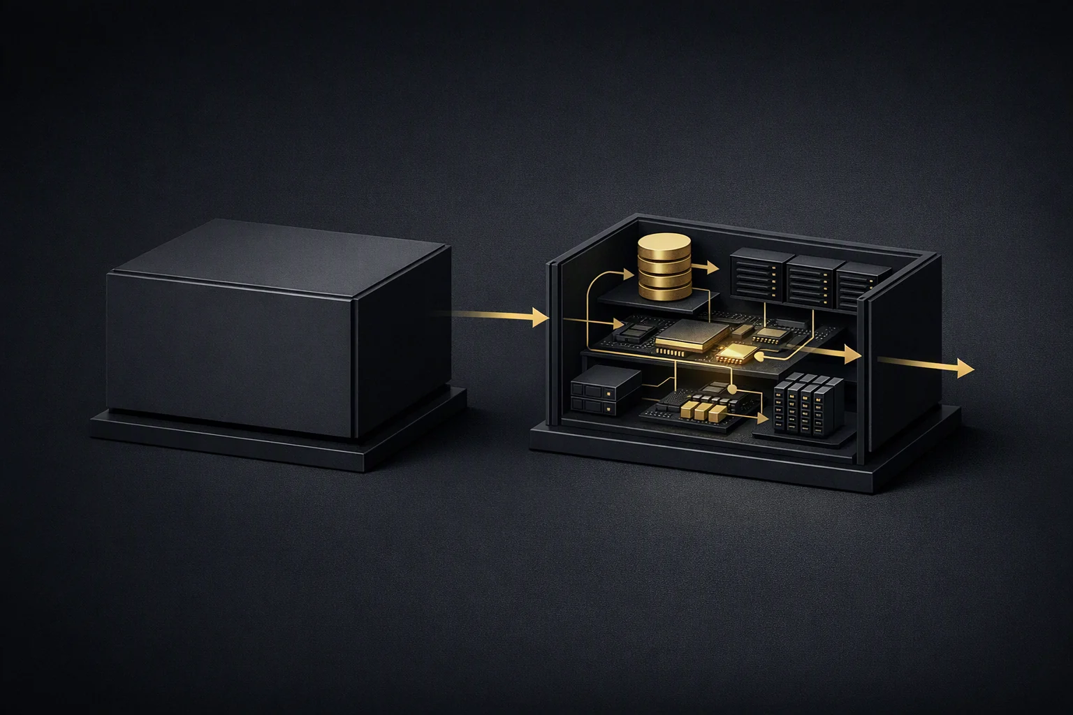 Isometric diagram: a sealed unit beside the same unit opened to show ordinary internal parts
