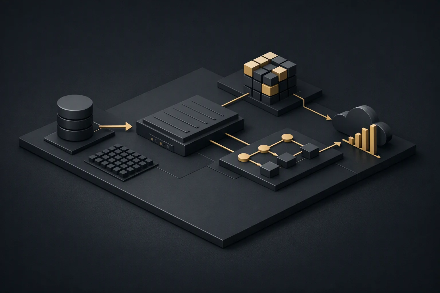 Isometric diagram: several distinct new structures built directly onto a shared foundational substrate