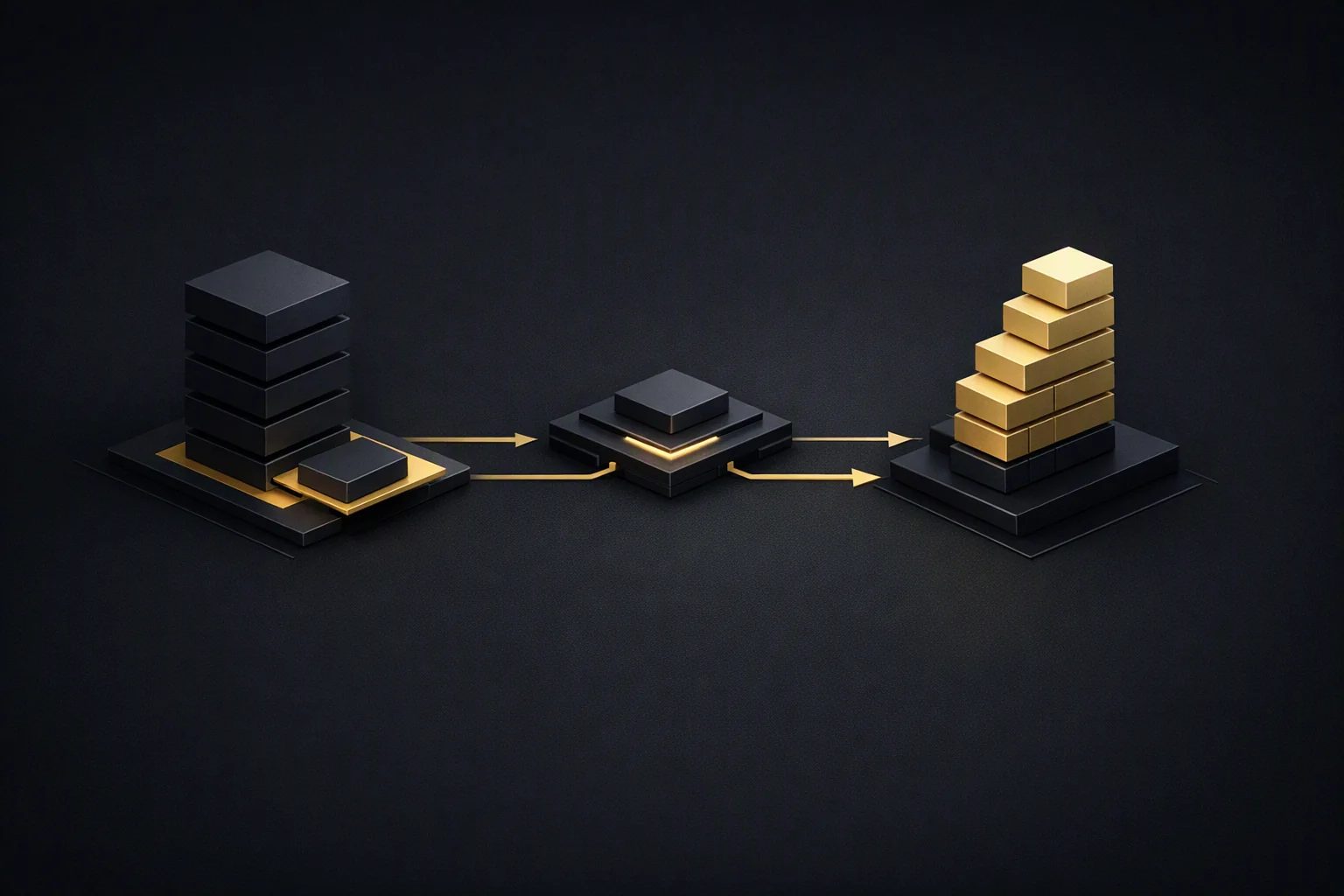 Isometric diagram: one linkage drawing down a stack of units on one side while an accumulator grows on the other
