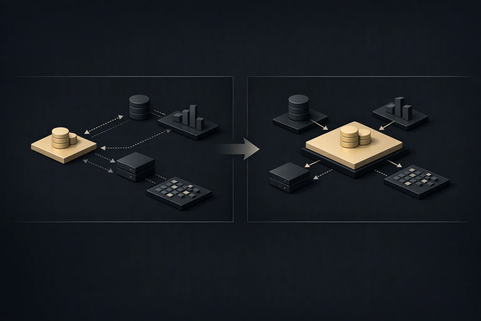 Isometric diagram: a peripheral service module relocated to the centre of a system as its governing plane