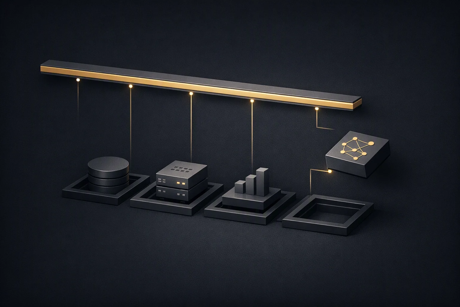 Isometric diagram: a lit orchestration layer above interchangeable modules in sockets, one lifted clear