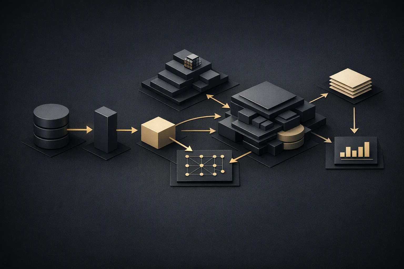 Isometric diagram: a small lit set of primitive operation blocks composing into many larger varied structures