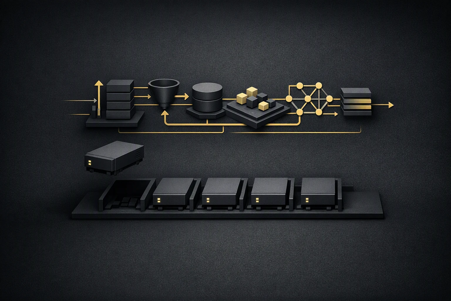 Isometric diagram: uniform interchangeable modules in sockets beneath a single lit orchestration layer, one module lifted clear